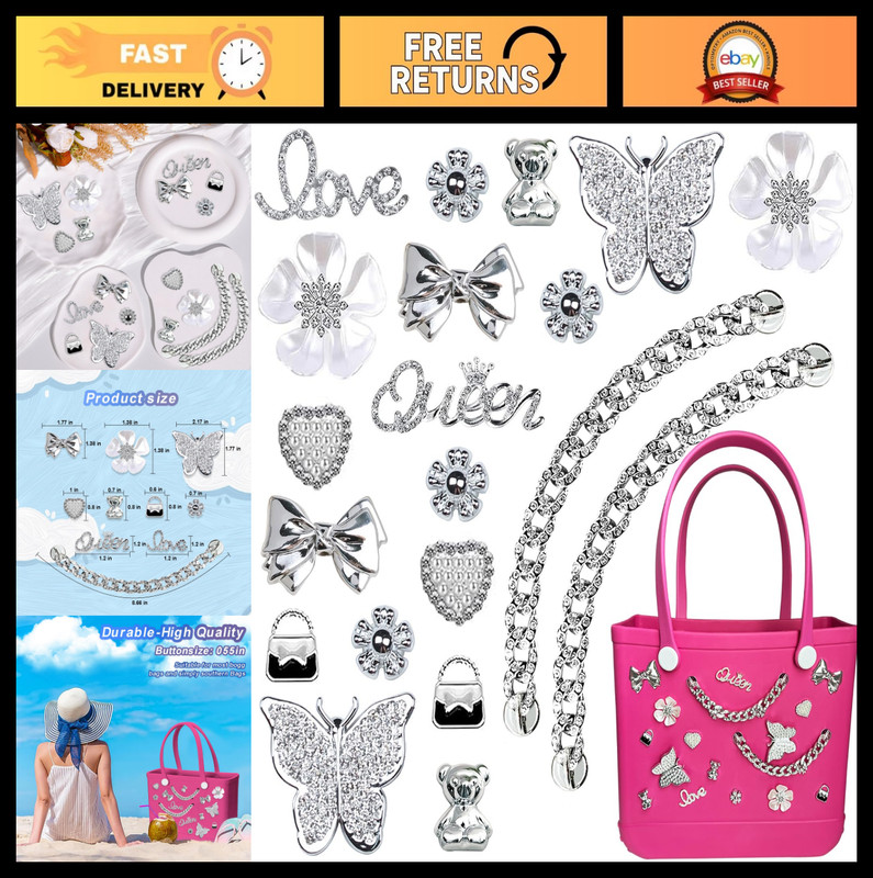 Bogg Bag Charms Set – 20 Pcs Pearls, Butterfly Flowers & Chains Accessories