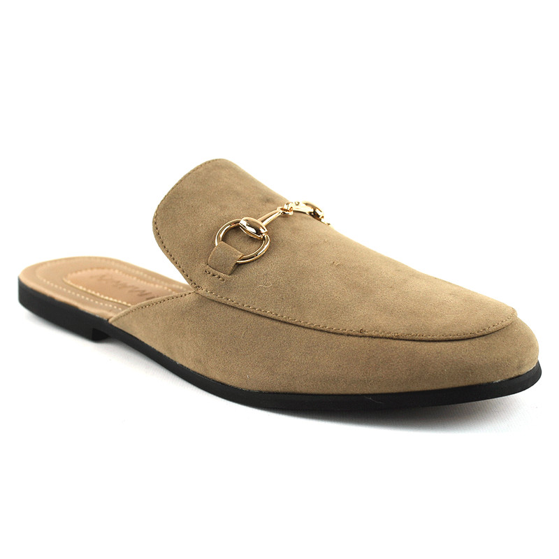 Mens Tan Suede Backless Slip On Mule With Gold Buckle Loafers By AZAR MAN