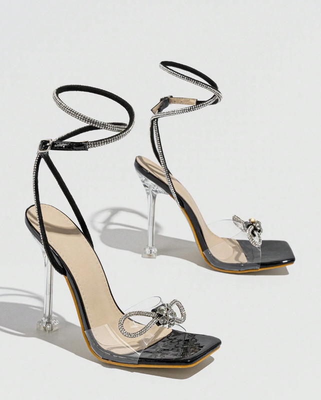 Black Stiletto Transparent Rhinestone Ankle Strap Peep Toe High Heels US7/CN38 gallery