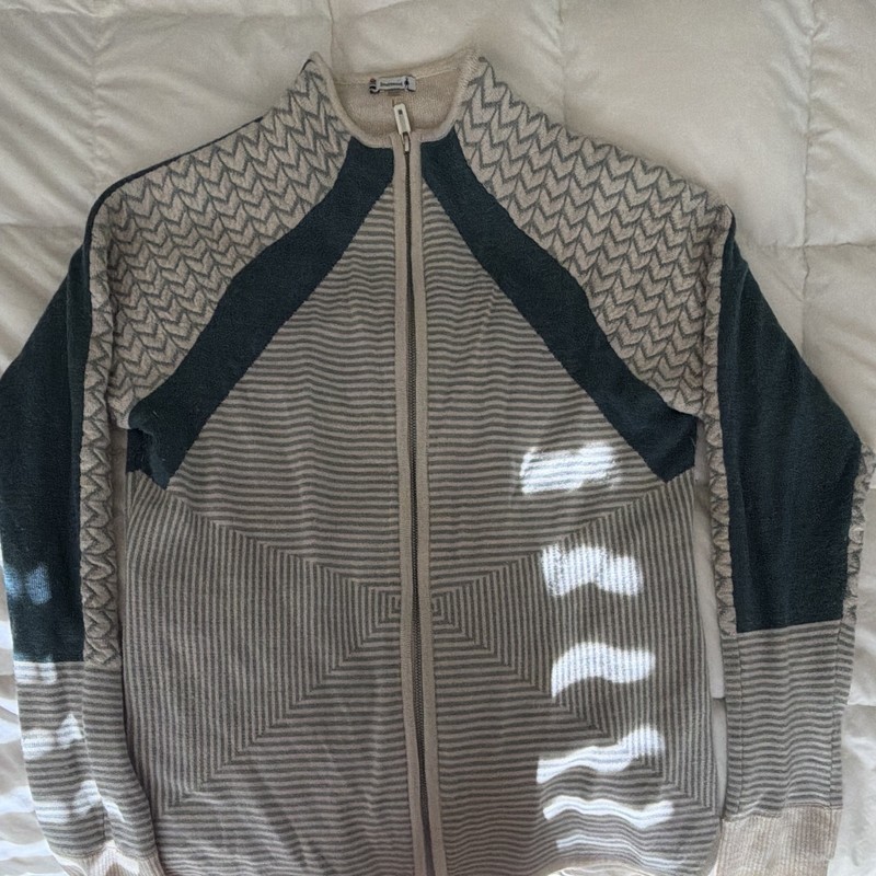 SmartWool Unisex L Gray/Blue Cotton Wool Geometric Knit Full Zip Mock Neck
