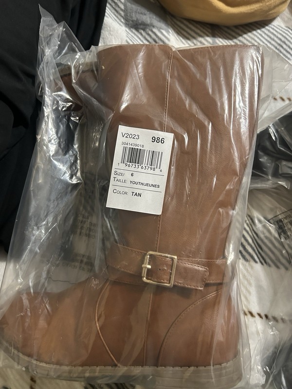Tan Faux Leather Mid-Calf Riding Boots w/ Buckle, Pull-On, Teens US 6