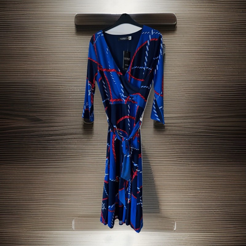 NEW Lauren Ralph Lauren Carlyna Nautical Rope Print Jersey Midi Wrap Dress Uk 8
