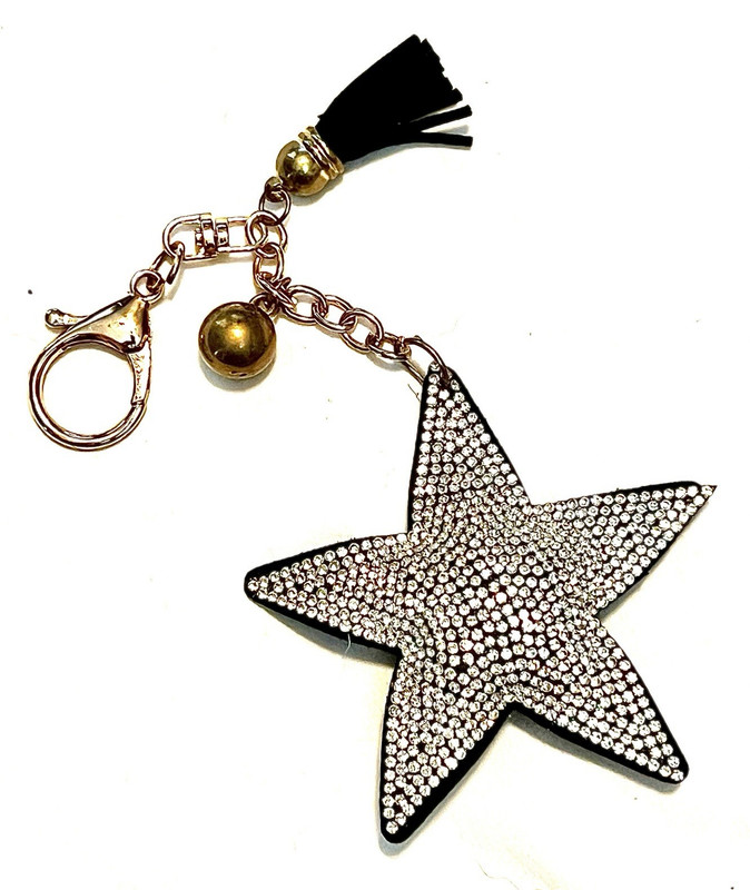 Star Rhinestone Tassel Key Chain/Bag Charm – Black w/ Gold Tone Metal