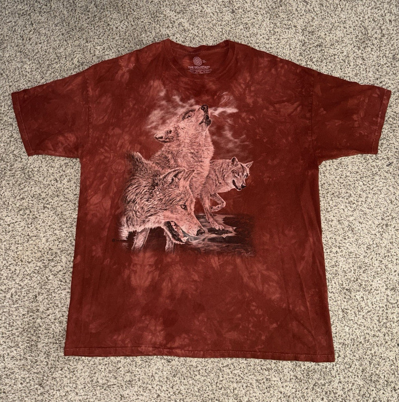 The Mountain Red Tie-Dye Grey Wolf Graphic Cotton Knit Crew Neck Tee 4XL