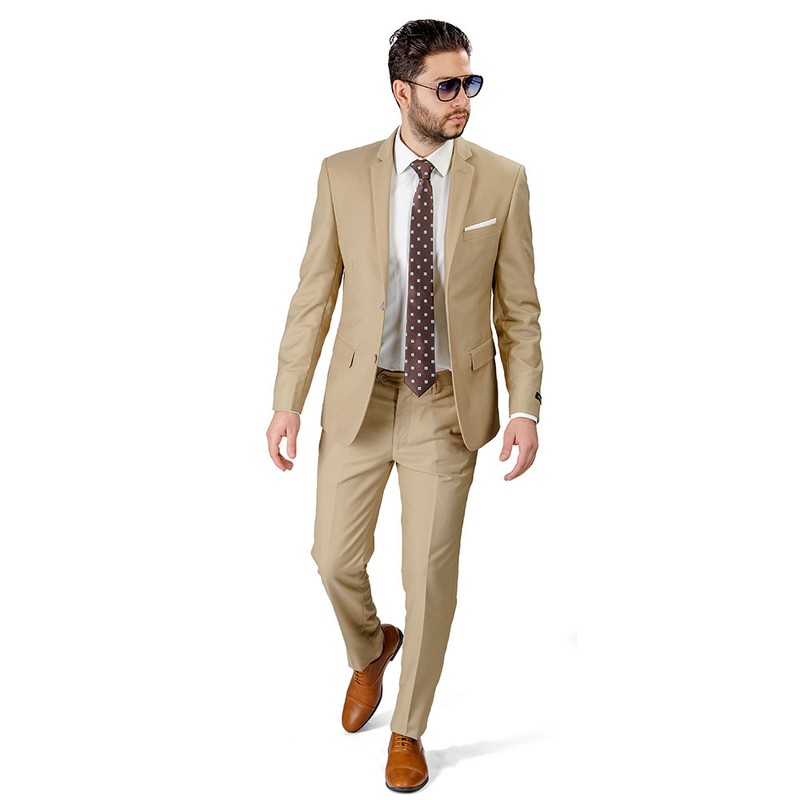 Tan Beige Slim Fit Men Suit 2 Button Notch Lapel Azar Man Vest Optional 4030-10 gallery