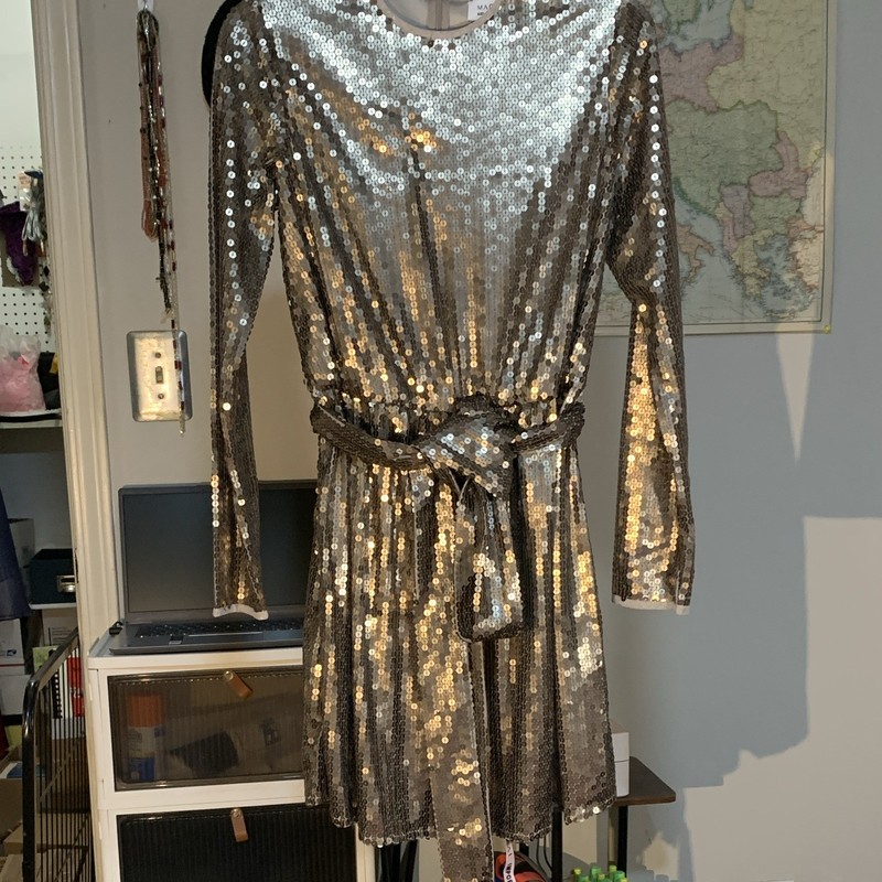 Mac Duggal Gold/Silver Sequin Mini Dress Long Sleeve Belted Crew Neck 2