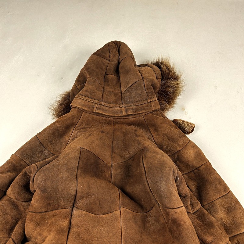 Brown Shearling Coat Fur Hood Long Winter Vintage Leather Warm Cozy Style gallery