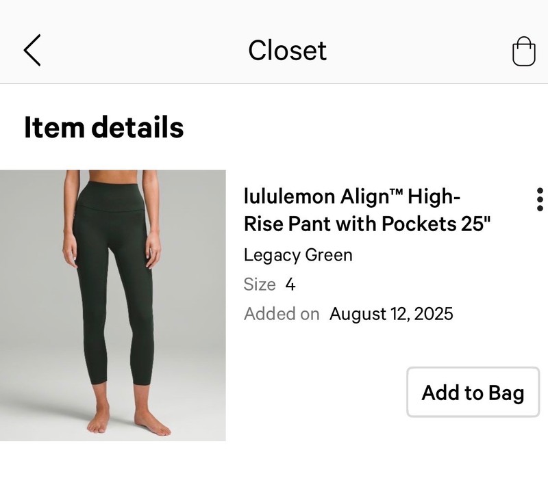 NWT Lululemon Align High Rise Pants 25” w/ Pockets, Legacy Green, Size 4, RARE
