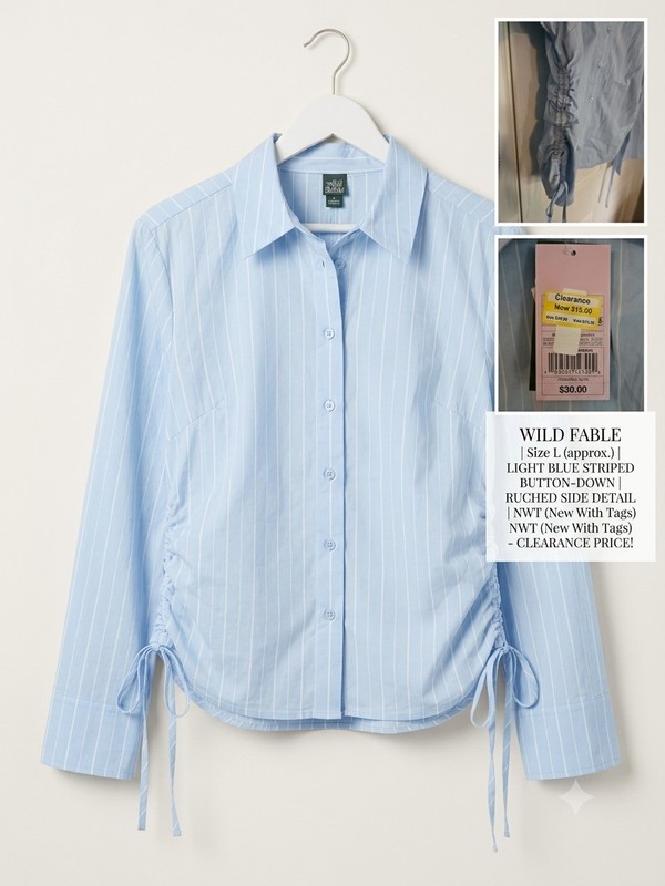 Wild Fable Light Blue White Striped Ruched Side Button Down Shirt NWT L Large