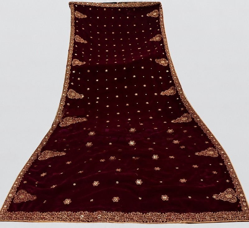 Luxury Maroon Velvet Shawl with Gold Embroidery | Bridal Wrap | Wedding Shawl
