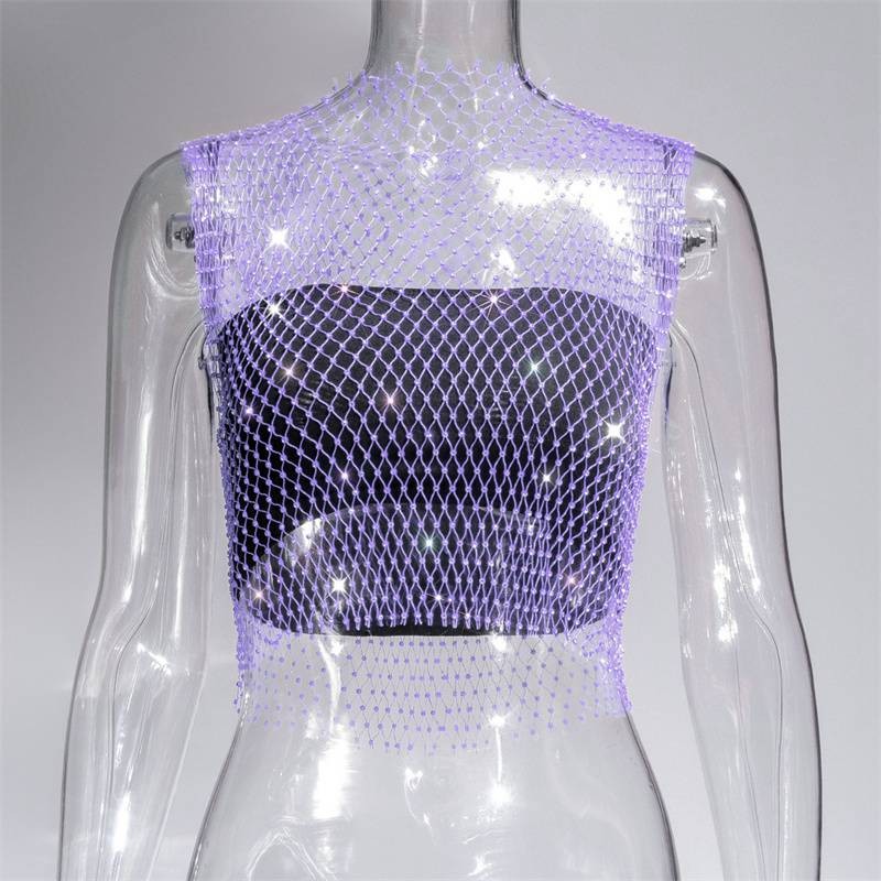 Summer Rhinestones Backless Leqoel Sexy Mesh Fashion See Through Tank Hollow gallery