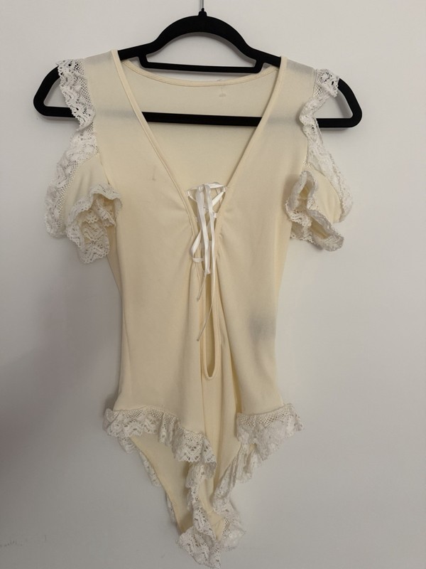 Cape Clique Ivory Solid One Piece Bodysuit Lace Trim Bow Accent Size S
