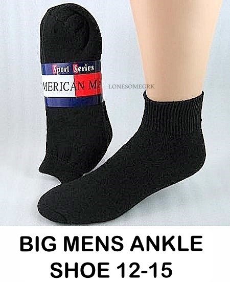 6 Pairs BIG MENS Shoe 12-15 Cotton Lightly Cushioned Black Ankle Socks USA Made gallery