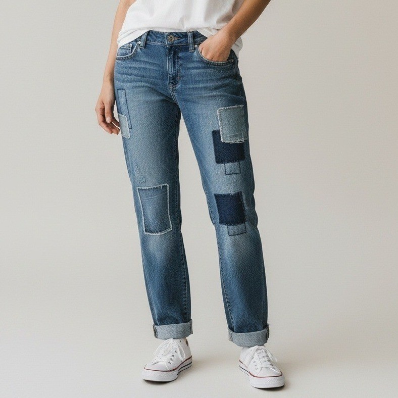 INC International Concepts Patchwork Boyfriend Jeans Blue Medium Wash Size 6