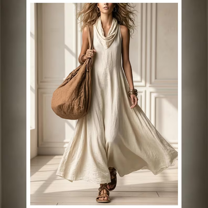 Handmade Cotton Linen Maxi Dress Flowy Summer Boho Style Dress