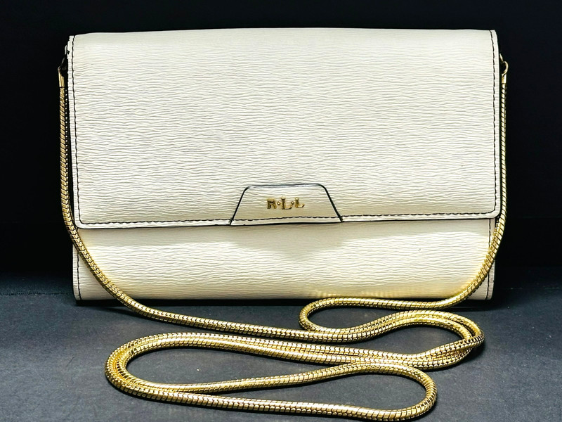 RLL Lauren Ralph Lauren White Crossbody Vegan Leather Bag Purse Gold Chain Logo