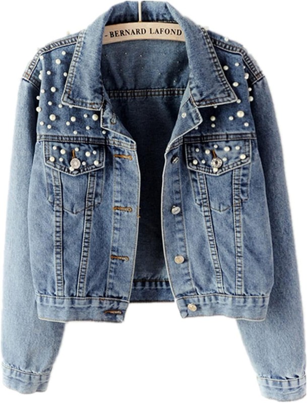 Oversize Pearl Embroidered Ripped Distressed Women Denim Jacket Casual Long Slee gallery