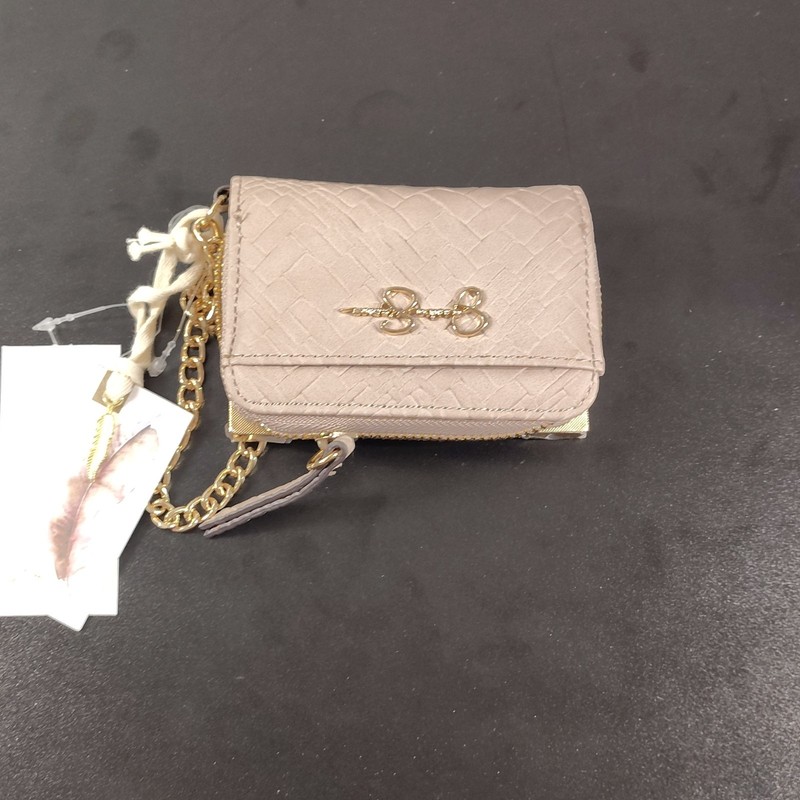 Jessica Simpson Frankie Square Card Wallet Beige w/ Chain Zipper