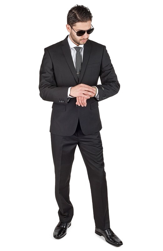 Solid Black Slim Fit Mens Suit 2 Button Notch Lapel Fitted Flat Front Pants AZAR gallery