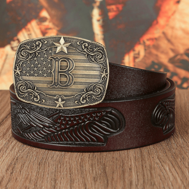 Western Belt Buckle Men Initial Letter ABCDJRM to Z Rodeo Cowboy American Flag gallery