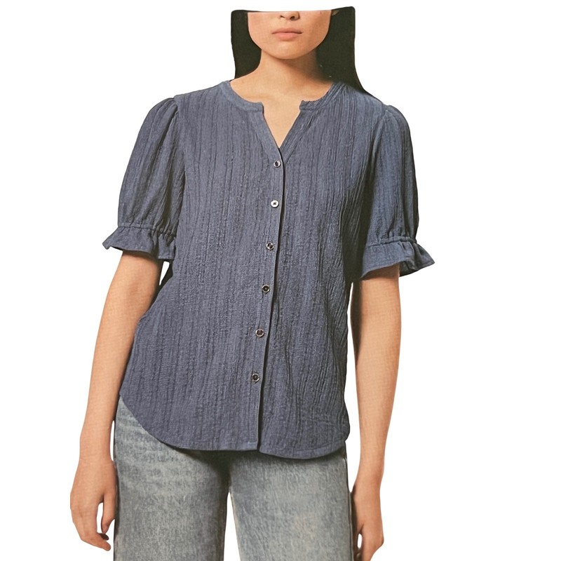 Cable & Gauge NWT Women Vintage Indigo Textured Puff Sleeve Button Top L 1037535