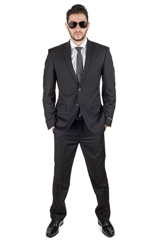 Solid Black Slim Fit Mens Suit 2 Button Notch Lapel Fitted Flat Front Pants AZAR gallery