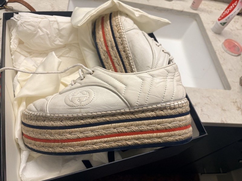Gucci Womens White Quilted Leather Platform Espadrille Sneakers GG Logo Sz 37 gallery