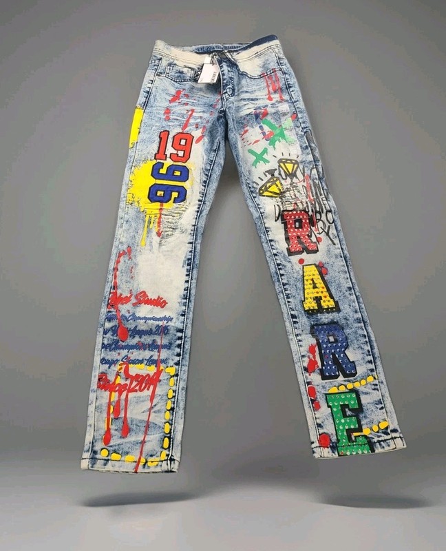 Rue 21 Premium Men’sBlue Design Patch Distressed Jeans Skinny Fit Jean 38×32 NWT