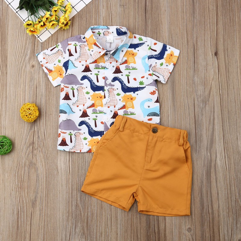 NWT Dinosaur Boys Short Sleeve Button Shirt & Shorts Outfit Set 2T 3T 4T 5T