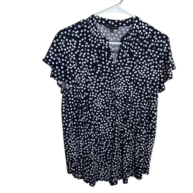 Ava & Grace Blouse Women’s Medium Polka Dot Short Sleeve V-Neck Shirt Top