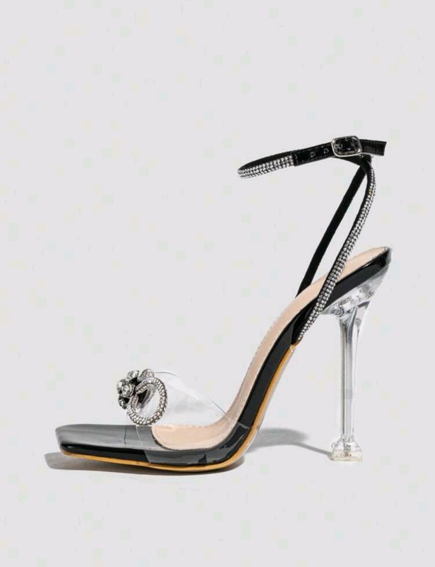 Black Stiletto Transparent Rhinestone Ankle Strap Peep Toe High Heels US7/CN38 gallery