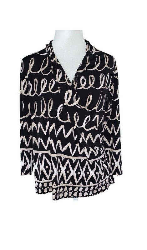 Chico’s Sz. 2 Beige Black Stretch V Neckline Ruched Side 3/4 Sleeves Art-To-Wear