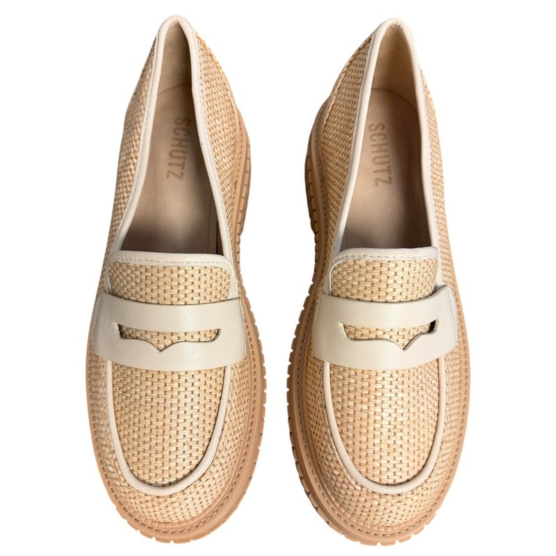 Schutz Viola Weekend Beige Woven Raffia Platform Penny Loafers Lug Sole 8B