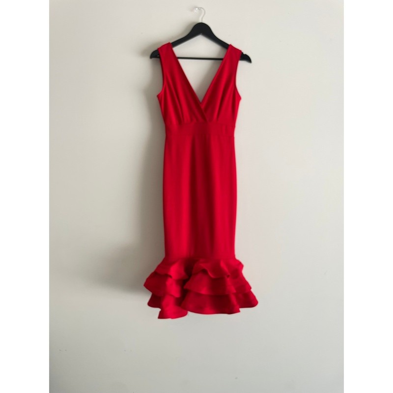 Kimcine Curve Red V-Neck Ruffle Mermaid Hem Midi Dress Womens S