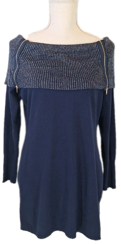 QUESTIONS? 1X Off The Shoulder Knit Tunic Sweater Top Navy Gold Threading/Zipper