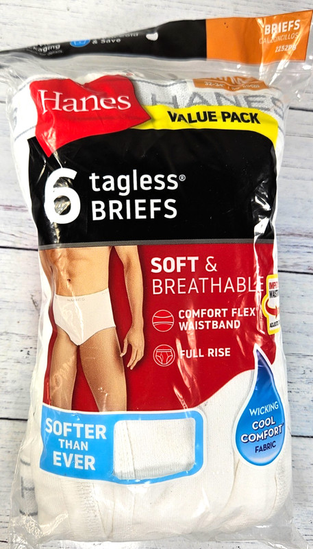 Hanes 2252P6 Men’s Tagless Briefs, White, Size MEDIUM 32 / 34 – 6 Pack
