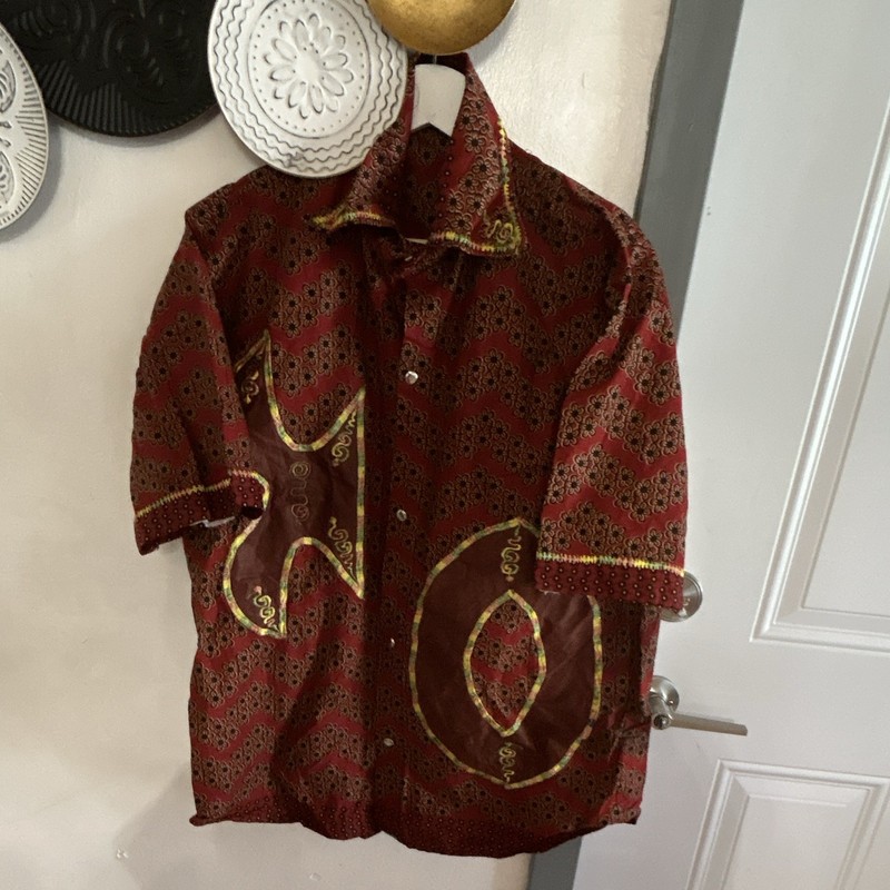 Red Dashiki Cotton Woven Short Sleeve Button Front Collared Shirt Size Large gallery