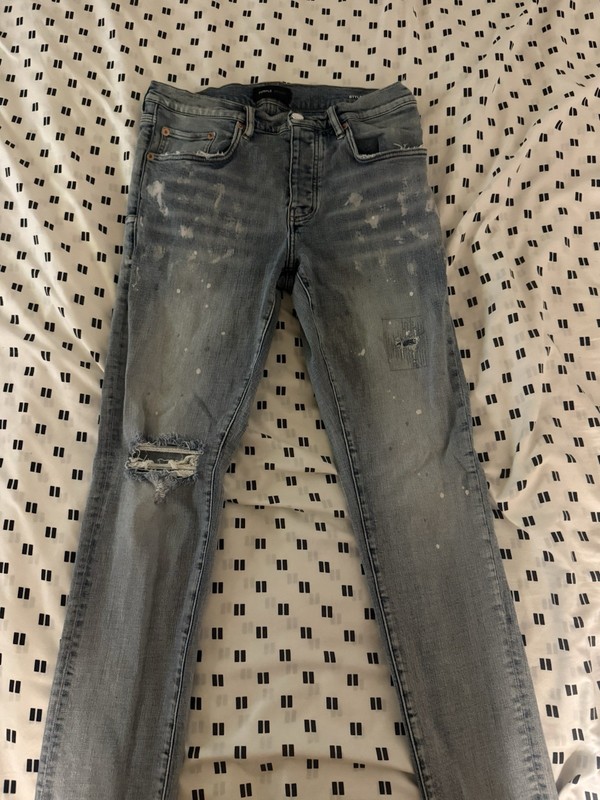 2 Purple Brand Men’s Slim Fit Low Rise Skinny Blue Logo Print Distressed Jeans