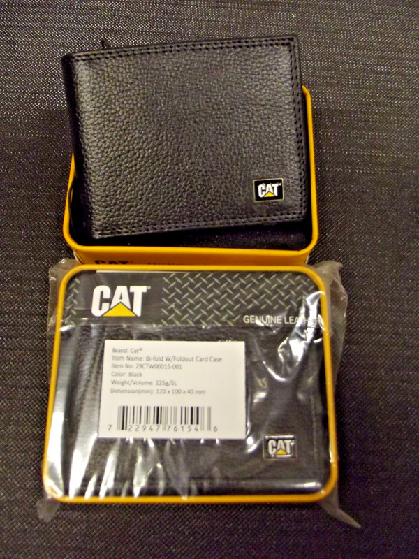 CAT Caterpillar BLACK Leather Bi Fold WALLET RFID Shield Protect OFFICIAL HOLO !