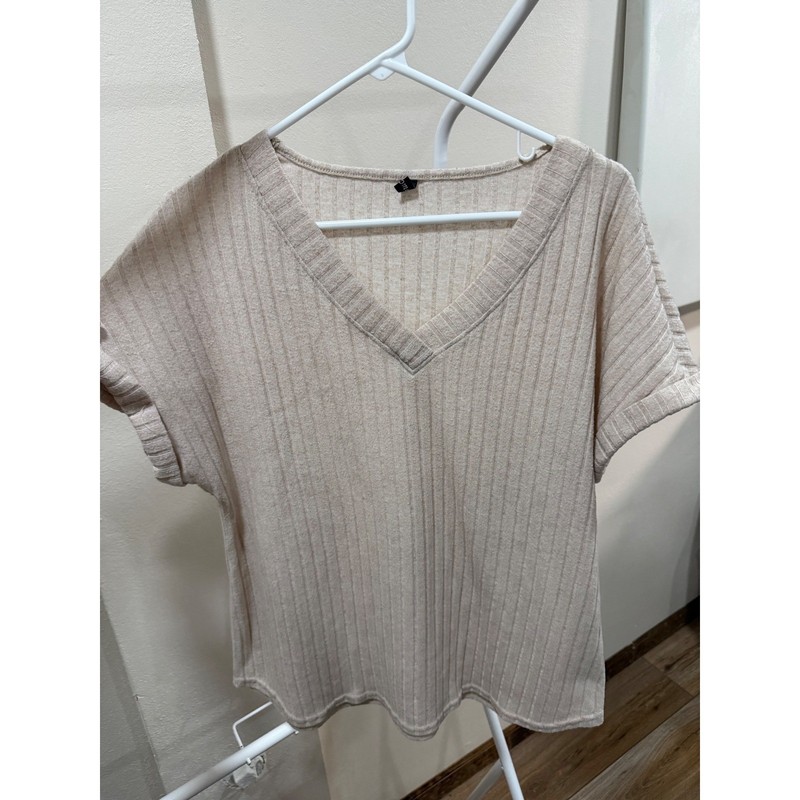 Automet Womens XL Oatmeal Beige Ribbed Knit V-Neck Cuffed Short Sleeve Top