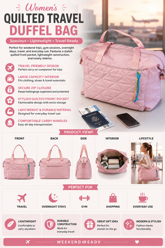 Womens Quilted Travel Duffel Bag Weekender Overnight Carry On Gym Tote Pink Larg gallery
