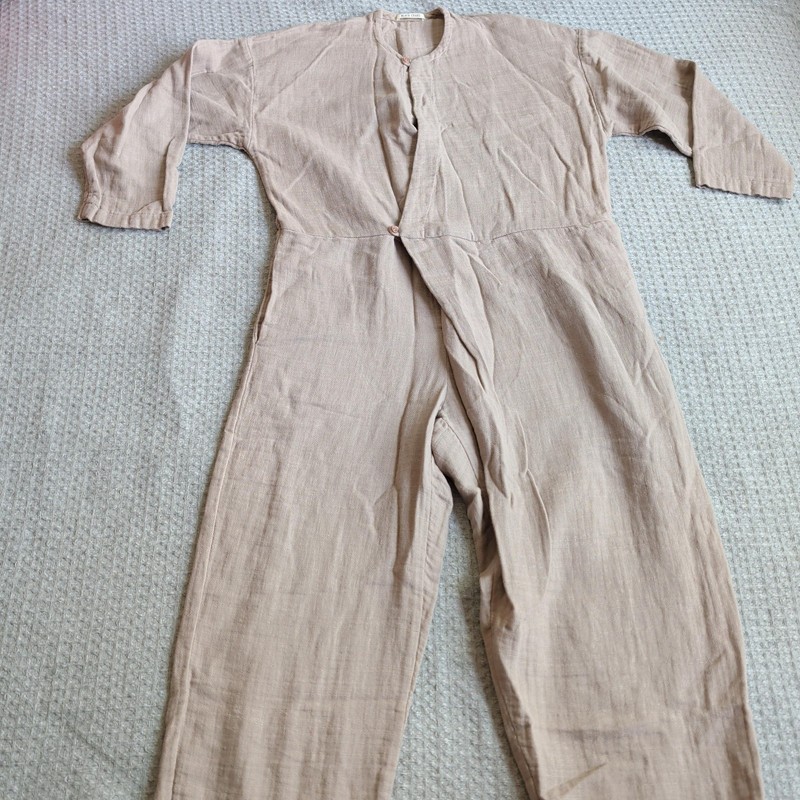 Black Crane Jumpsuit Womens M Beige 3/4 Sleeve Cotton Linen Gauze Made in USA