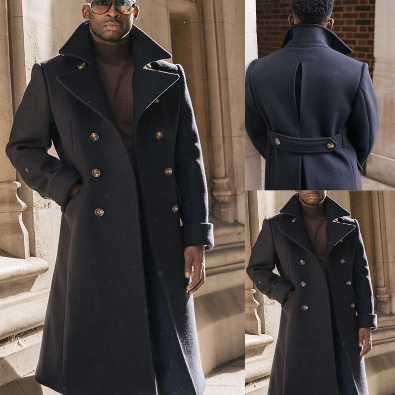 Navy Men’s Wool Long Overcoats with Belt Winter Warm Outdoor Wear Business Coat