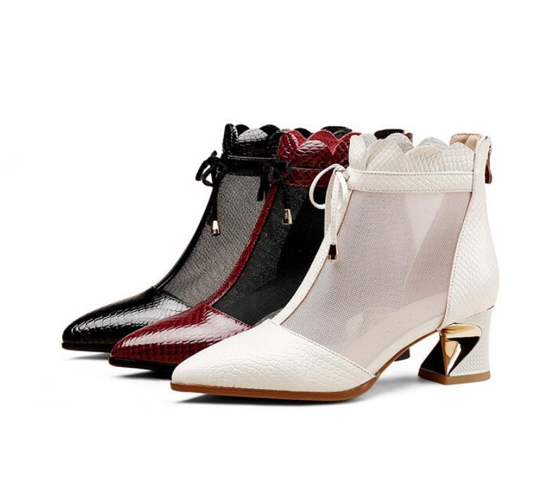 Women's Mesh Leather Sandals Block Heel Ankle Boots Pointy Toe Back Zip Shoes OL gallery