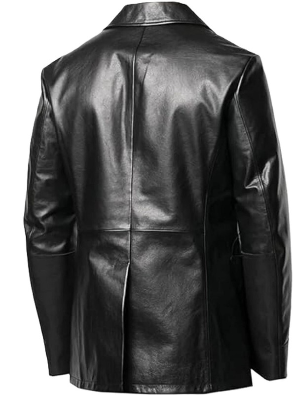 Men's Black Lambskin Leather Blazer Handmade Long Lapel Double Breasted Blazer gallery