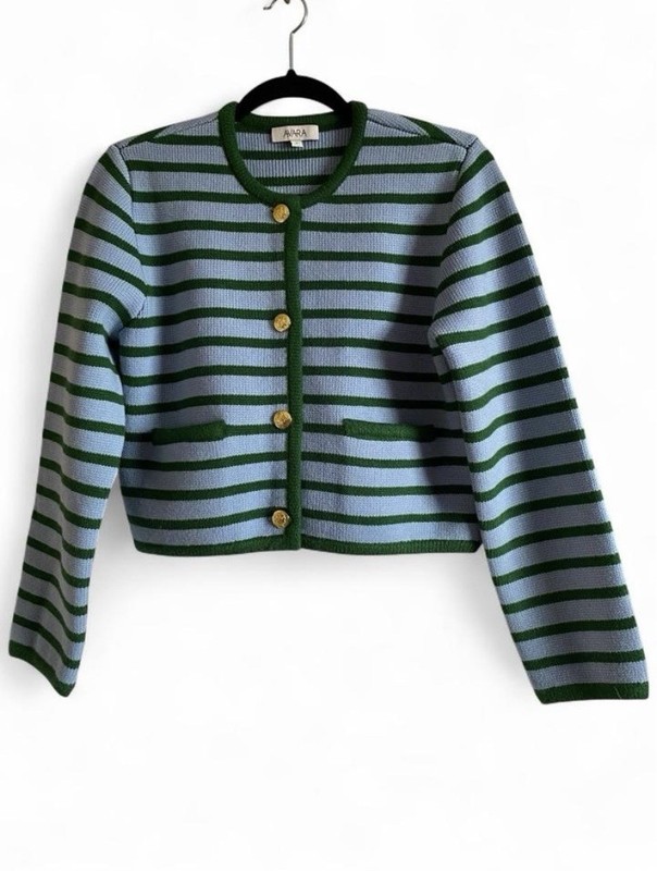 AVARA Womens Striped Knit Cardigan Sweater Button Front Pockets Blue Green S