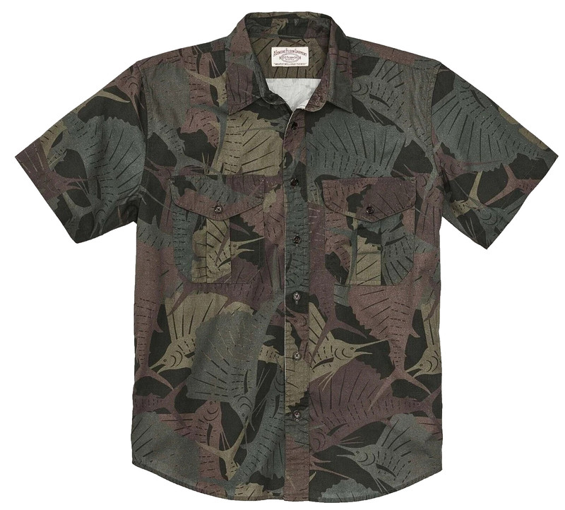 Filson Feather Cloth Shirt Short Sleeve Men’s Medium Sailfish Olive Camo Fishing