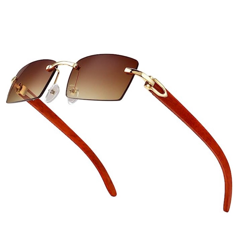 Mens Women’s Gold Frame Rimless Woodgrain Brown Tint Buffs Hip Hop Sunglasses