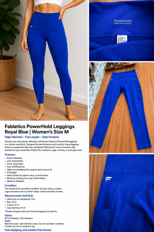 Fabletics PowerHold High-Waisted Leggings – Royal Blue – Women’s Size M