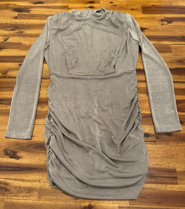 Fashion Nova Taupe Knit Bodycon Mini Dress Mock Neck Ruched Long Sleeve Zip M